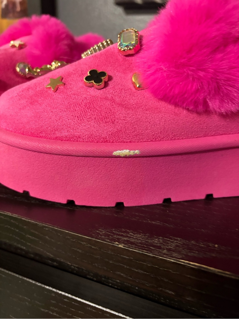 Hot Pink Platform Fur Slip-On Mules with Jewel Accents - Picture 7 of 8